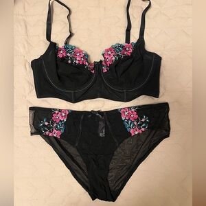 Adore Me Black Bra Set with Pink Floral Embroidery